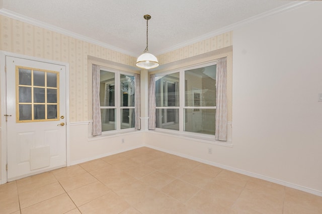 7208 Stoddard Ln, Plano, TX 75025 - unfurnished dining area with a textured ceiling, baseboards, ornamental molding, wallpapered walls, and light tile patterned flooring