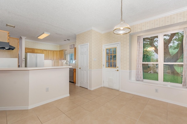 7208 Stoddard Ln, Plano, TX 75025 - kitchen with crown molding, freestanding refrigerator, a healthy amount of sunlight, and light countertops