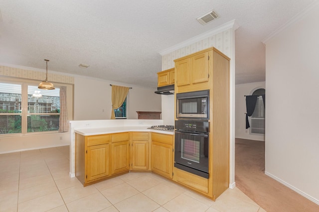 7208 Stoddard Ln, Plano, TX 75025 - kitchen featuring visible vents, built in microwave, baseboards, a peninsula, and oven