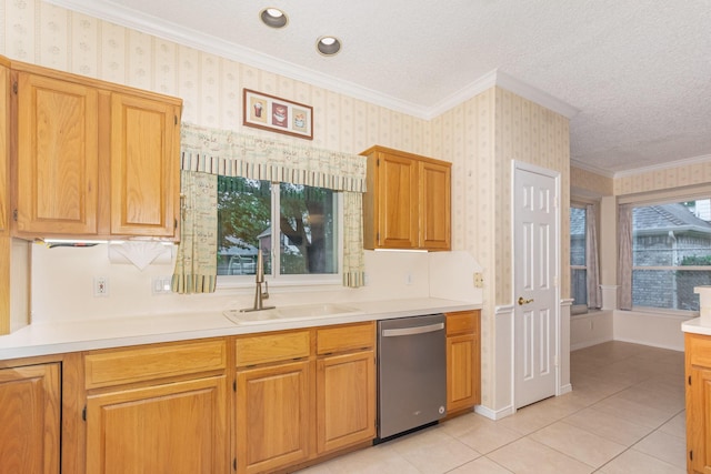 7208 Stoddard Ln, Plano, TX 75025 - kitchen featuring a sink, dishwasher, light countertops, wallpapered walls, and light tile patterned floors