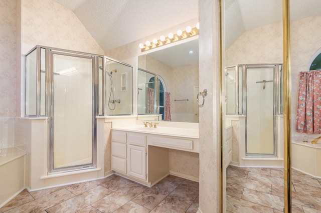 7208 Stoddard Ln, Plano, TX 75025 - bathroom featuring vaulted ceiling, a shower stall, a bath, and vanity