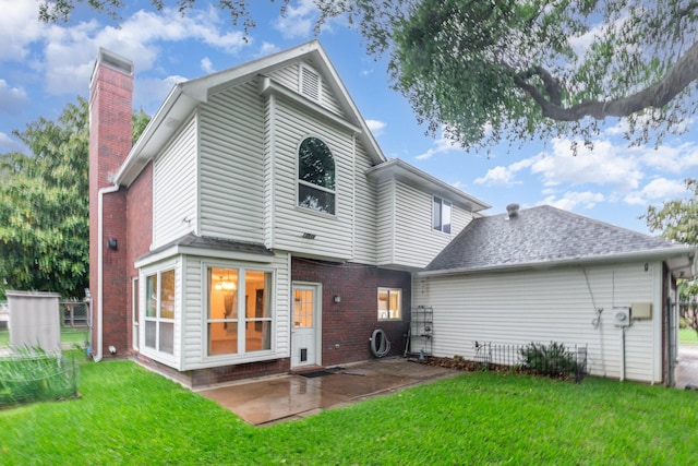7208 Stoddard Ln, Plano, TX 75025 - rear view of property featuring a shingled roof, brick siding, a chimney, a patio area, and a lawn