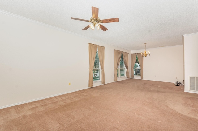 7208 Stoddard Ln, Plano, TX 75025 - unfurnished room featuring a textured ceiling, visible vents, crown molding, light colored carpet, and ceiling fan with notable chandelier