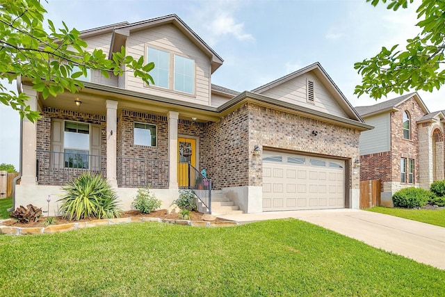 view of front of house with an attached garage, brick siding, a porch, a front yard, and concrete driveway