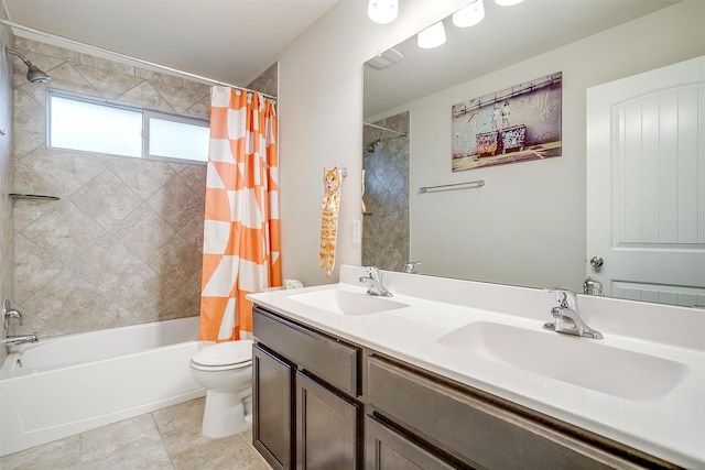 full bathroom featuring a sink, toilet, double vanity, and shower / bath combination with curtain