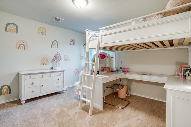 bedroom featuring light colored carpet, baseboards, and visible vents
