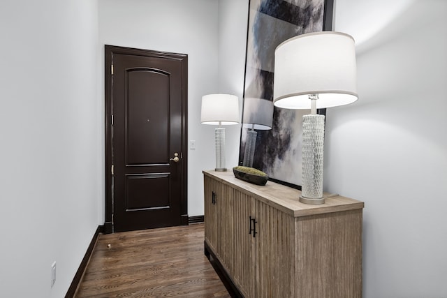 doorway with dark wood-style flooring