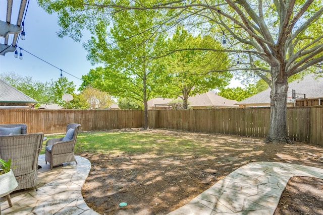 view of yard with a fenced backyard and a patio