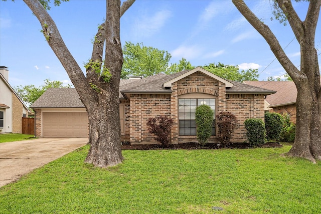 single story home featuring brick siding, roof with shingles, and concrete driveway