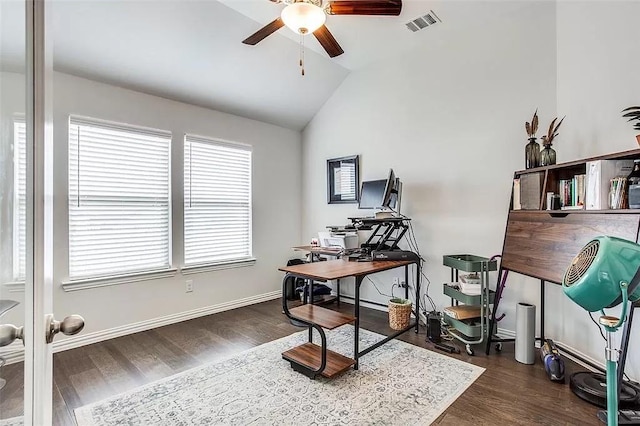 2704 Dancing Flame Dr, Denton, TX 76201 - office area with a ceiling fan, healthy amount of natural light, wood finished floors, vaulted ceiling, and baseboards
