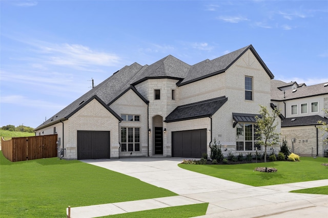 4524 Sky Harbor Dr, Rockwall, TX 75087 - french provincial home with fence, a front yard, brick siding, a shingled roof, and driveway