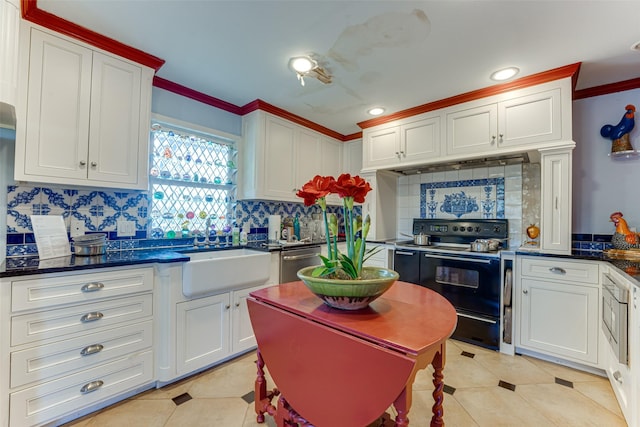 kitchen with crown molding, a sink, appliances with stainless steel finishes, and backsplash