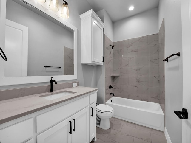 bathroom featuring vanity, toilet, marble finish floor, recessed lighting, and tub / shower combination