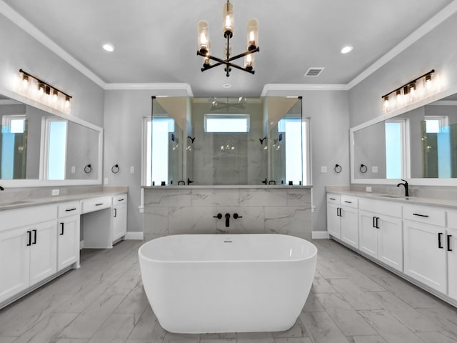 bathroom with a sink, marble finish floor, a chandelier, and a shower stall