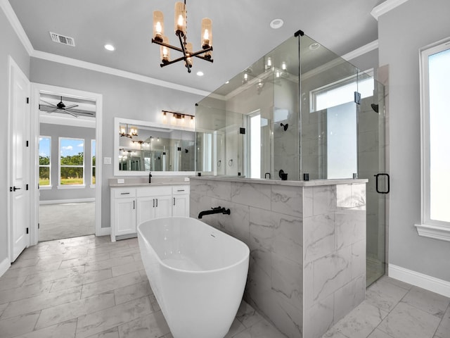full bathroom featuring visible vents, ornamental molding, marble finish floor, and a stall shower