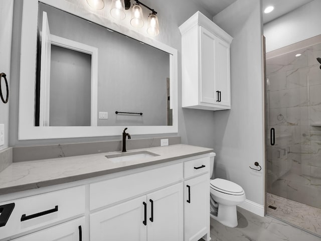 full bath featuring vanity, toilet, a marble finish shower, marble finish floor, and baseboards