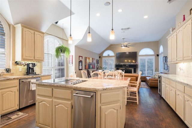 kitchen featuring a wealth of natural light, a ceiling fan, open floor plan, and dishwasher