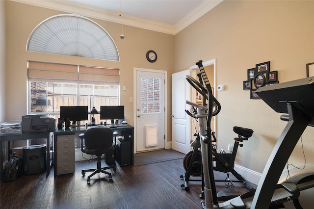 office featuring baseboards, ornamental molding, and wood finished floors