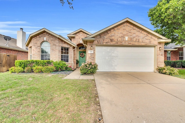 ranch-style house with a garage, brick siding, fence, a front lawn, and concrete driveway