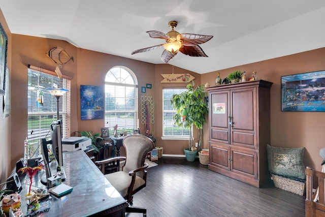 home office featuring baseboards, a ceiling fan, wood finished floors, and lofted ceiling