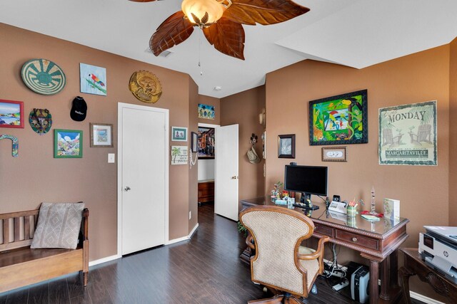 home office with baseboards, a ceiling fan, wood finished floors, and visible vents