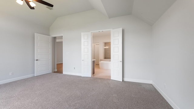 7313 Wayward Wind Dr, Fort Worth, TX 76179 - unfurnished bedroom featuring lofted ceiling, carpet flooring, ensuite bath, and ceiling fan