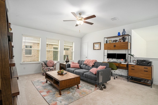 carpeted living room featuring baseboards, a ceiling fan, and visible vents