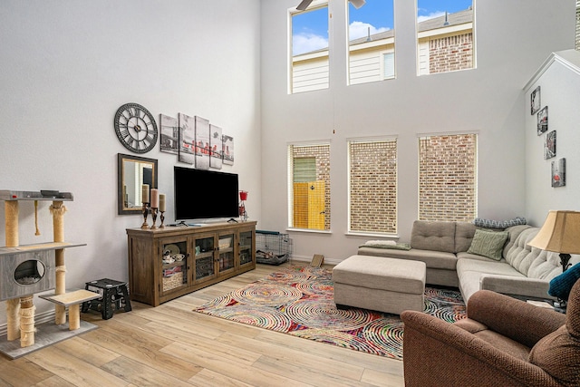 living room featuring a high ceiling and wood finished floors