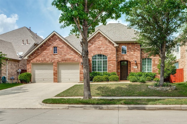 view of front of home with brick siding, an attached garage, driveway, and a shingled roof