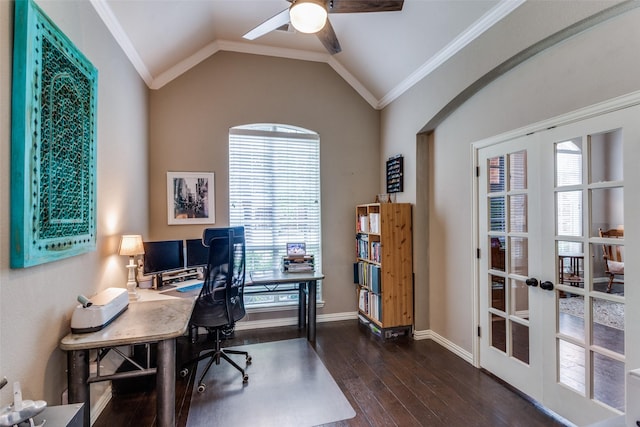 office area with french doors, ceiling fan, a healthy amount of sunlight, and wood finished floors