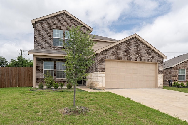 traditional-style house with driveway, brick siding, fence, a front lawn, and an attached garage