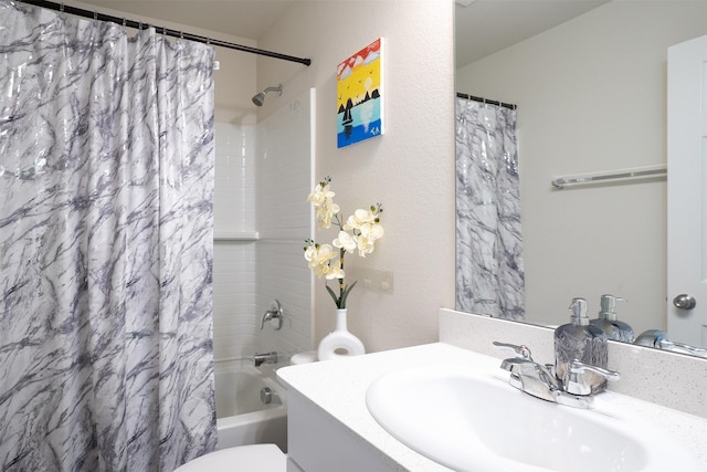 bathroom featuring toilet, shower / bath combination with curtain, and vanity