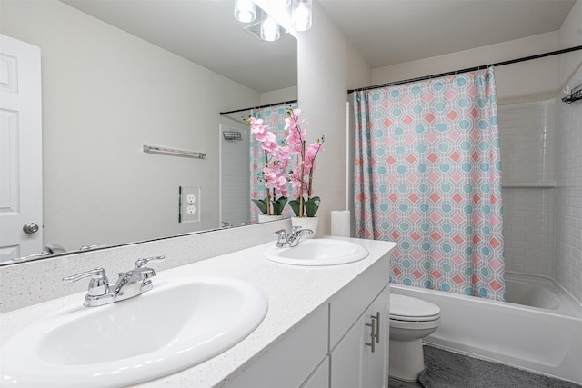 bathroom with a sink, toilet, double vanity, and shower / bath combination with curtain