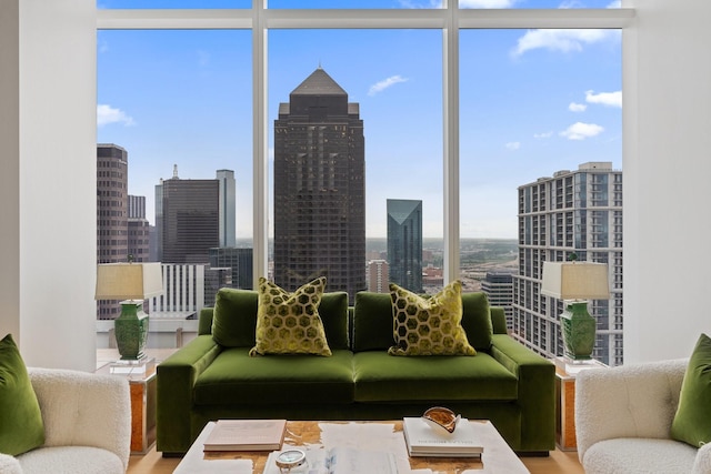 living room featuring a view of city and a wall of windows
