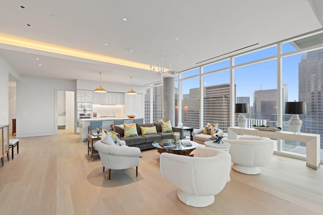 living area featuring baseboards, a city view, and light wood-style flooring