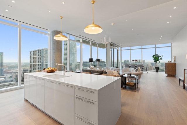 kitchen featuring a sink, floor to ceiling windows, modern cabinets, and light wood finished floors