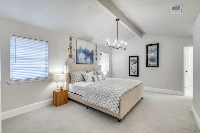 bedroom with light colored carpet, visible vents, baseboards, an inviting chandelier, and vaulted ceiling with beams
