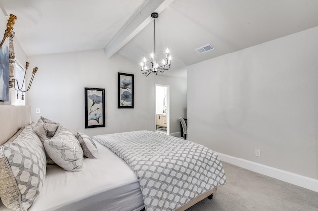 bedroom with visible vents, carpet floors, an inviting chandelier, baseboards, and vaulted ceiling with beams