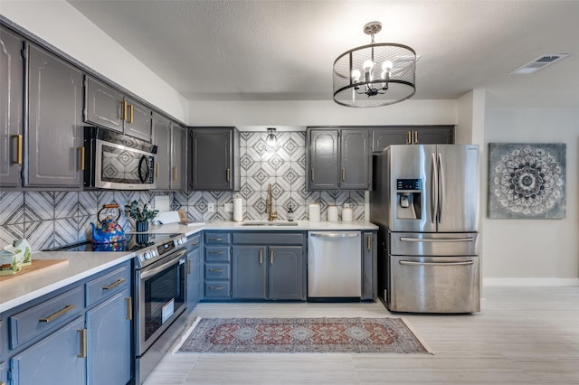 kitchen with appliances with stainless steel finishes, decorative backsplash, a sink, and visible vents