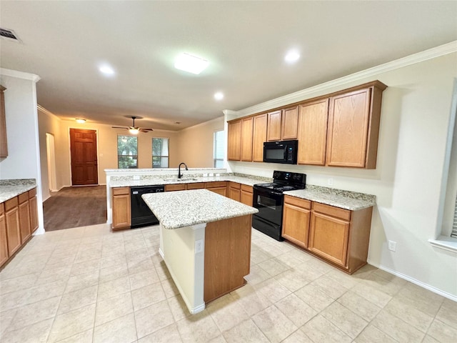 kitchen with crown molding, ceiling fan, black appliances, and a peninsula