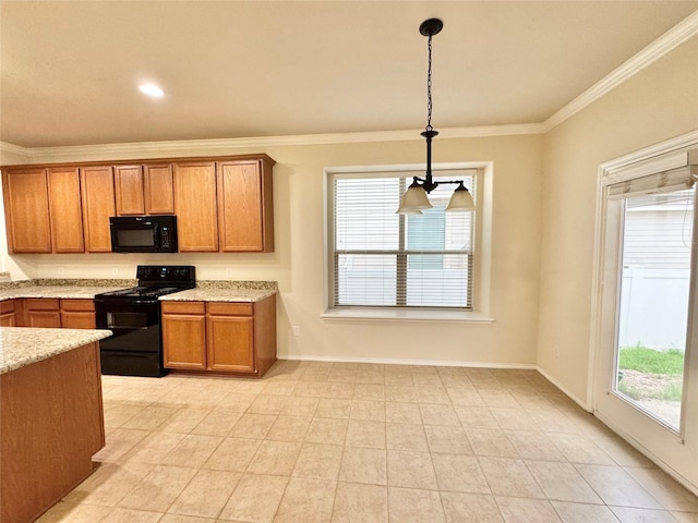 kitchen with crown molding, hanging light fixtures, light stone counters, brown cabinetry, and black appliances