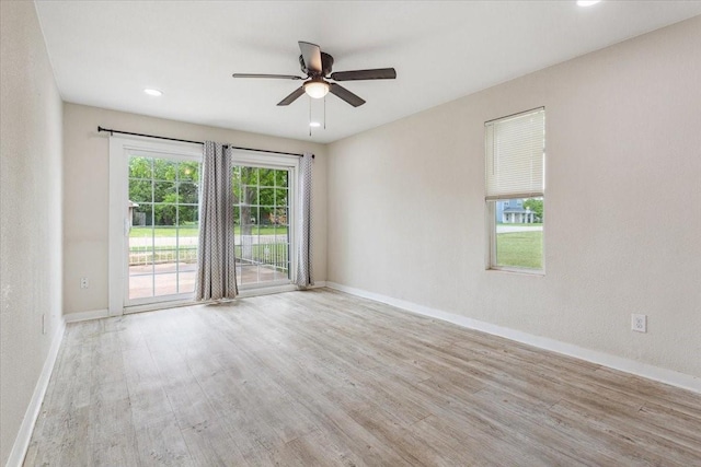 unfurnished room featuring baseboards, recessed lighting, ceiling fan, and wood finished floors