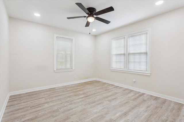 unfurnished room featuring light wood-type flooring, recessed lighting, and ceiling fan