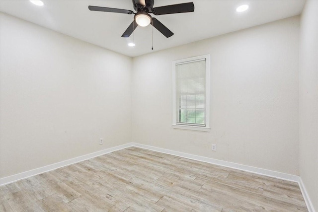 empty room with light wood-style floors, baseboards, ceiling fan, and recessed lighting