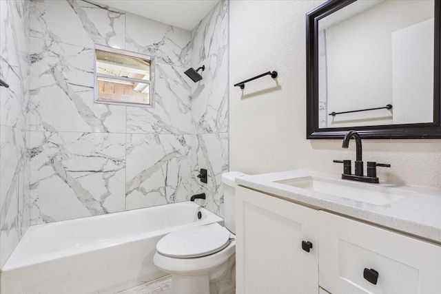 bathroom with toilet, tub / shower combination, and vanity