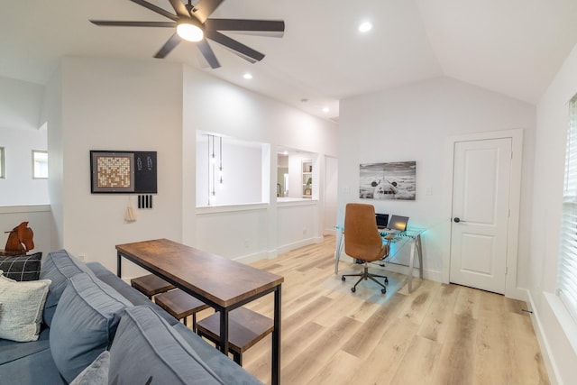 12472 Jack Pine Ct, Frisco, TX 75035 - office featuring ceiling fan, light wood finished floors, vaulted ceiling, and recessed lighting