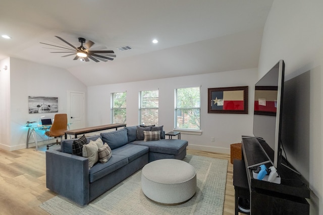 12472 Jack Pine Ct, Frisco, TX 75035 - living area with vaulted ceiling, light wood finished floors, a desk, baseboards, and a ceiling fan