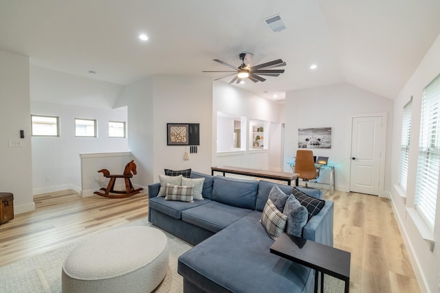 12472 Jack Pine Ct, Frisco, TX 75035 - living room with vaulted ceiling, light wood-type flooring, ceiling fan, baseboards, and recessed lighting