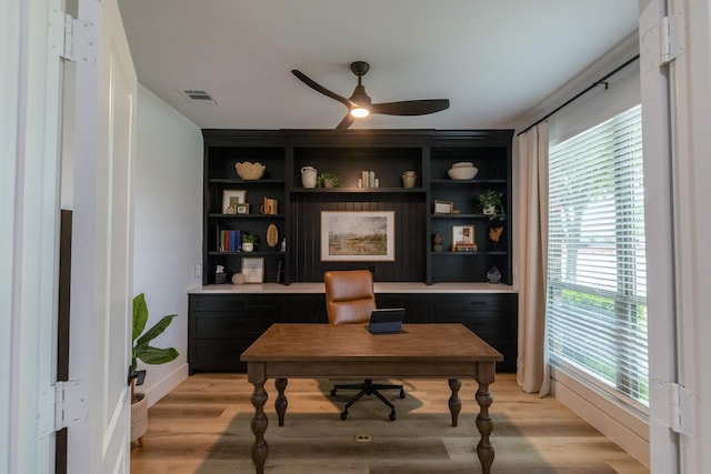 12472 Jack Pine Ct, Frisco, TX 75035 - home office featuring ceiling fan, light wood-type flooring, built in features, and baseboards