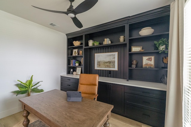 12472 Jack Pine Ct, Frisco, TX 75035 - office featuring ceiling fan, built in study area, built in features, and light wood-style flooring